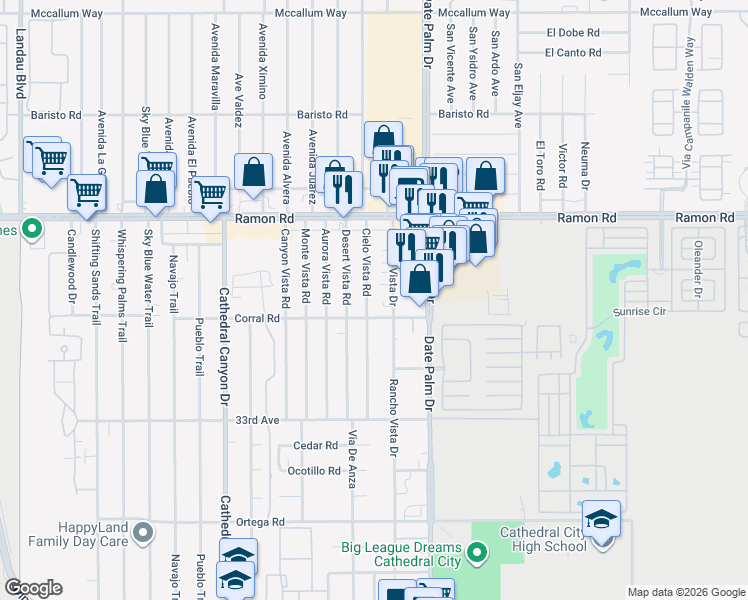 map of restaurants, bars, coffee shops, grocery stores, and more near 32425 Rancho Vista Drive in Cathedral City