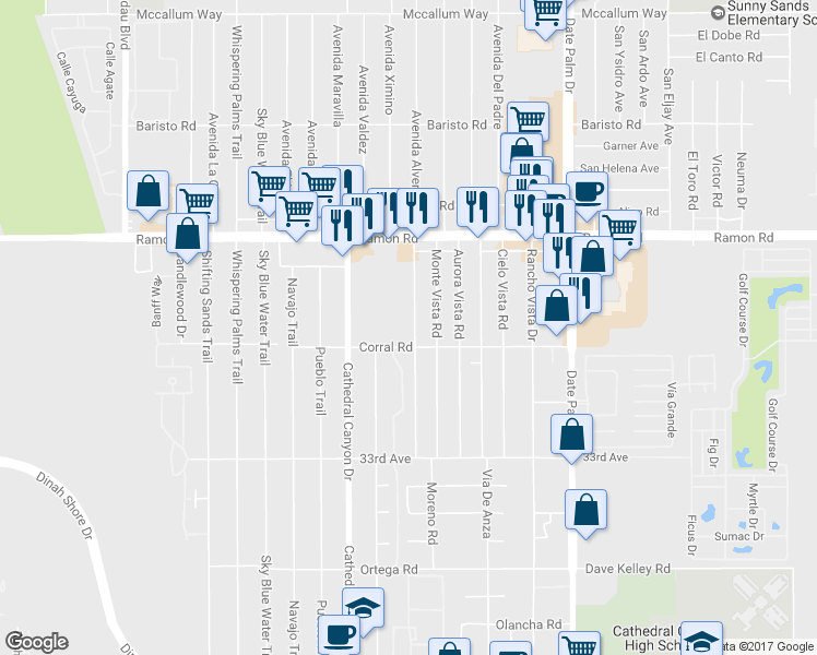map of restaurants, bars, coffee shops, grocery stores, and more near 32395 Canyon Vista Road in Cathedral City