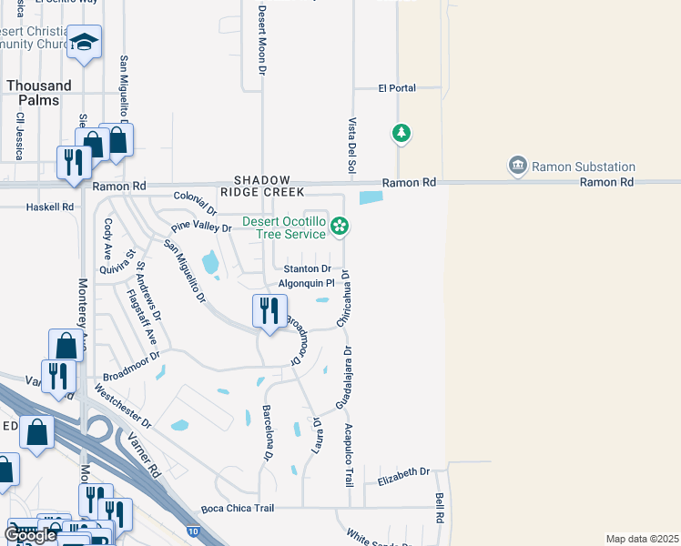 map of restaurants, bars, coffee shops, grocery stores, and more near 73741 Stanton Drive in Thousand Palms