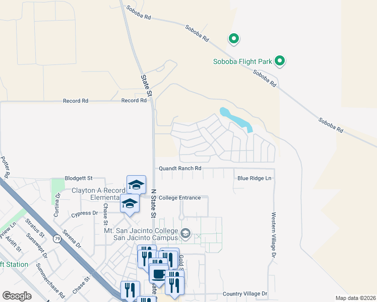 map of restaurants, bars, coffee shops, grocery stores, and more near 21100 State Street in San Jacinto