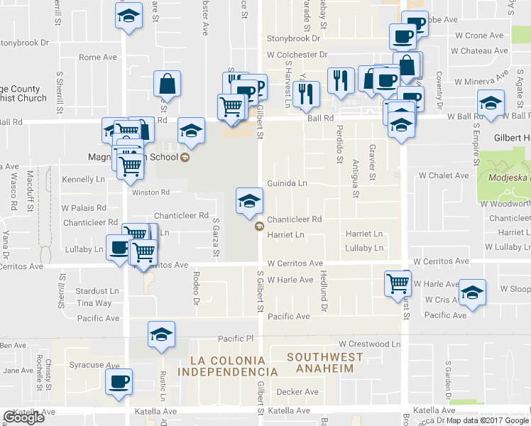 map of restaurants, bars, coffee shops, grocery stores, and more near 10312 Gilbert Street in Anaheim