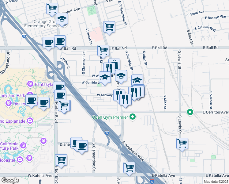 map of restaurants, bars, coffee shops, grocery stores, and more near 121 West Midway Drive in Anaheim
