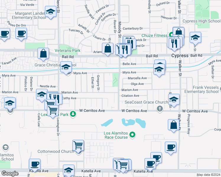 map of restaurants, bars, coffee shops, grocery stores, and more near 4932 Abraham Avenue in Cypress