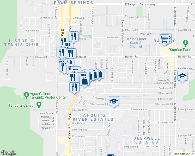 map of restaurants, bars, coffee shops, grocery stores, and more near 660 South Calle Palo Fierro in Palm Springs