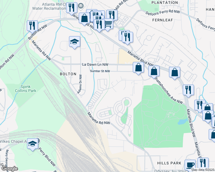 map of restaurants, bars, coffee shops, grocery stores, and more near 2071 Westside Boulevard Northwest in Atlanta