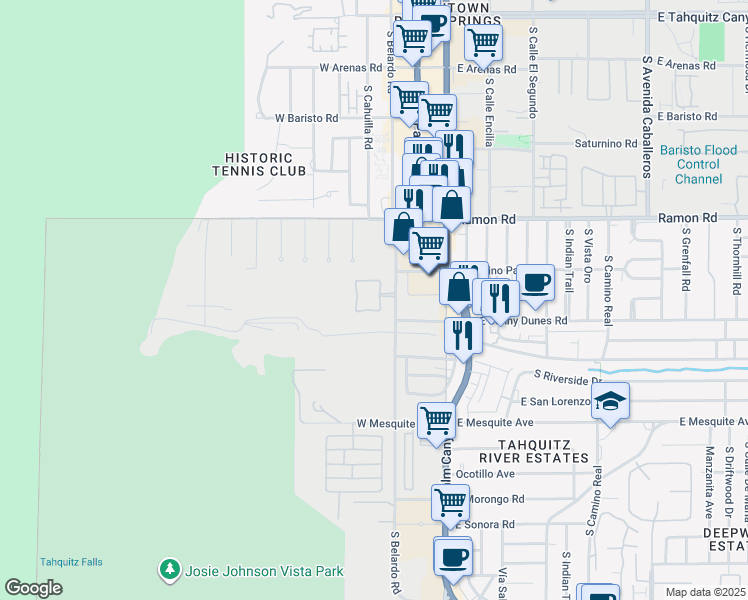 map of restaurants, bars, coffee shops, grocery stores, and more near 639 Big Canyon Drive South in Palm Springs