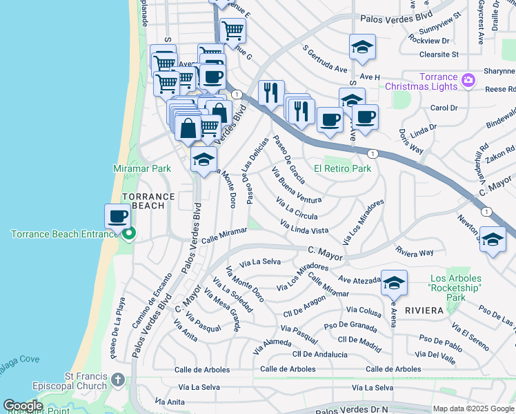 map of restaurants, bars, coffee shops, grocery stores, and more near 241 Via Linda Vista in Redondo Beach