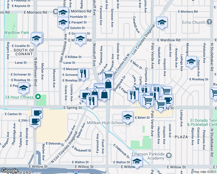 map of restaurants, bars, coffee shops, grocery stores, and more near 3120 North Los Coyotes Diagonal in Long Beach