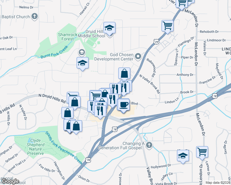 map of restaurants, bars, coffee shops, grocery stores, and more near 2919 Mount Olive Drive in Decatur