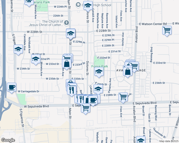 map of restaurants, bars, coffee shops, grocery stores, and more near 23406 Dolores Street in Carson