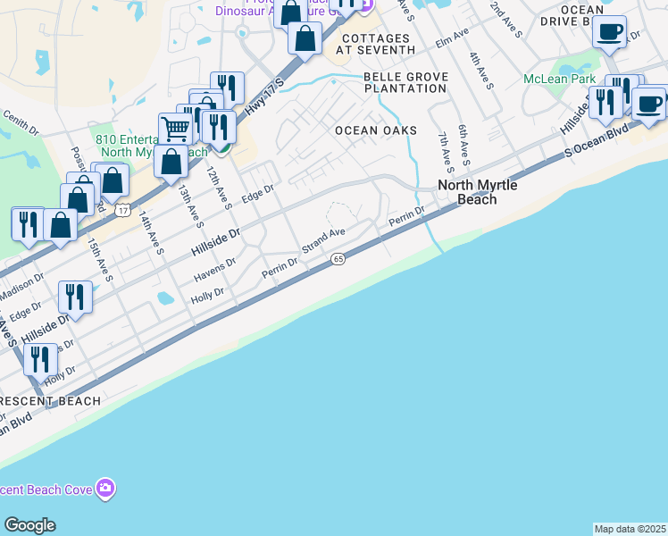 map of restaurants, bars, coffee shops, grocery stores, and more near 402 South Ocean Boulevard in North Myrtle Beach