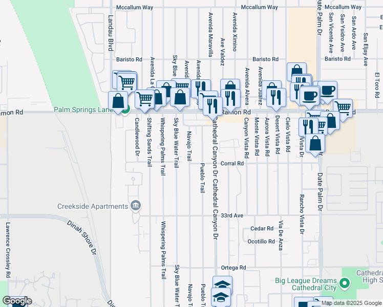 map of restaurants, bars, coffee shops, grocery stores, and more near 32406 Navajo Trail in Cathedral City
