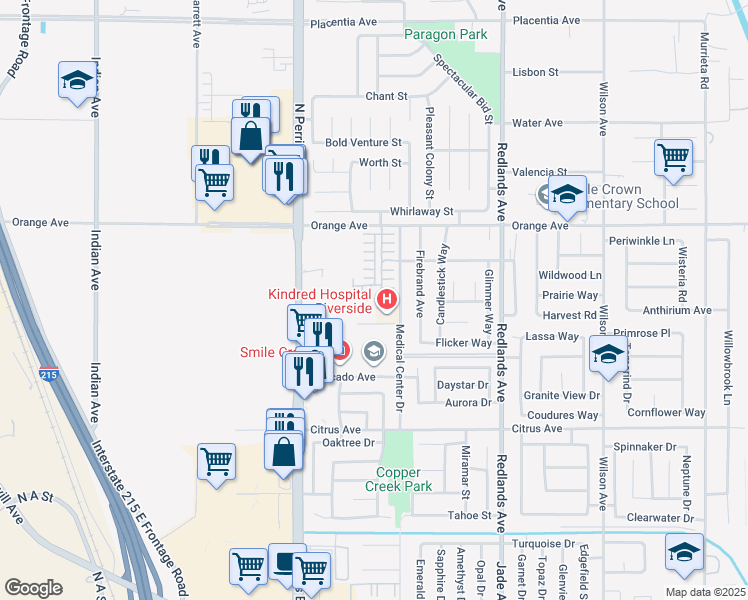 map of restaurants, bars, coffee shops, grocery stores, and more near 2245 Liberty Court in Perris
