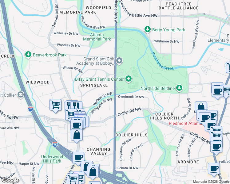 map of restaurants, bars, coffee shops, grocery stores, and more near Northside Dr NW & Norfleet Rd NW in Atlanta