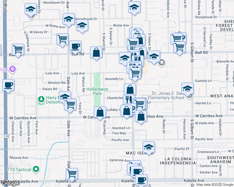 map of restaurants, bars, coffee shops, grocery stores, and more near 2638 W Palais Rd in Anaheim