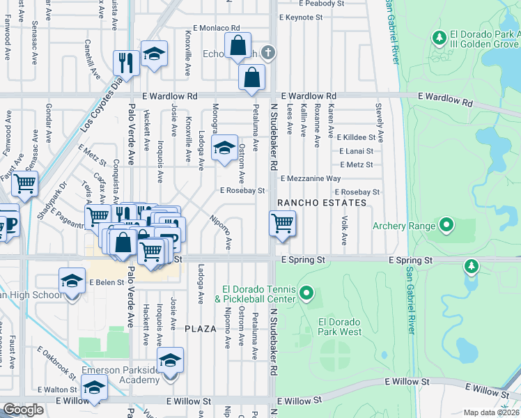 map of restaurants, bars, coffee shops, grocery stores, and more near 3115 North Studebaker Road in Long Beach
