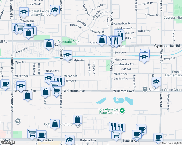 map of restaurants, bars, coffee shops, grocery stores, and more near 10292 Ethel Street in Cypress