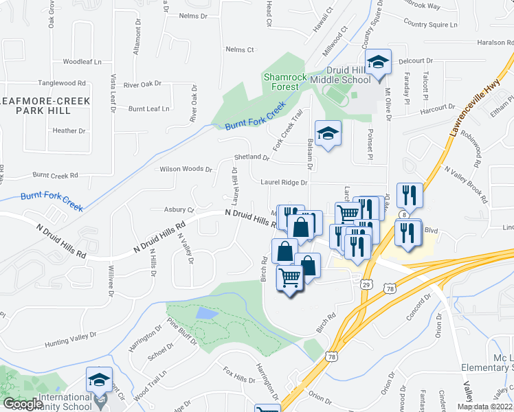 map of restaurants, bars, coffee shops, grocery stores, and more near 1173 Druid Walk in Decatur