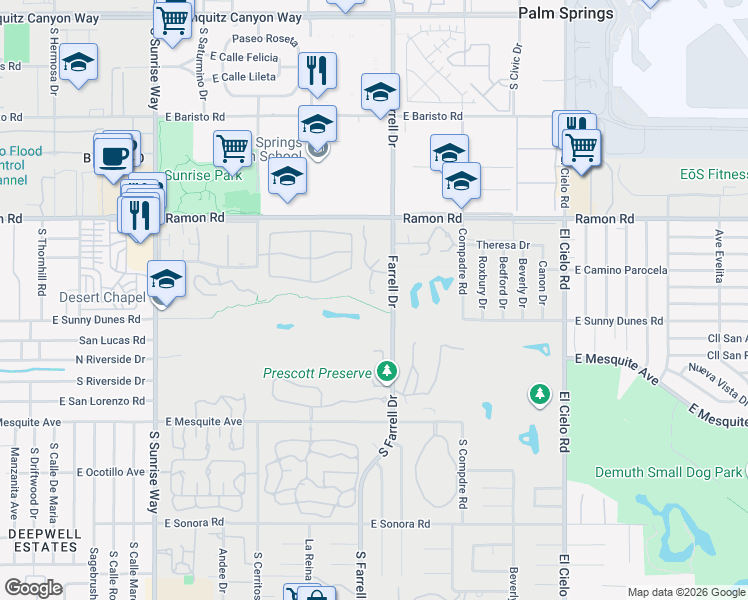 map of restaurants, bars, coffee shops, grocery stores, and more near 505 South Farrell Drive in Palm Springs