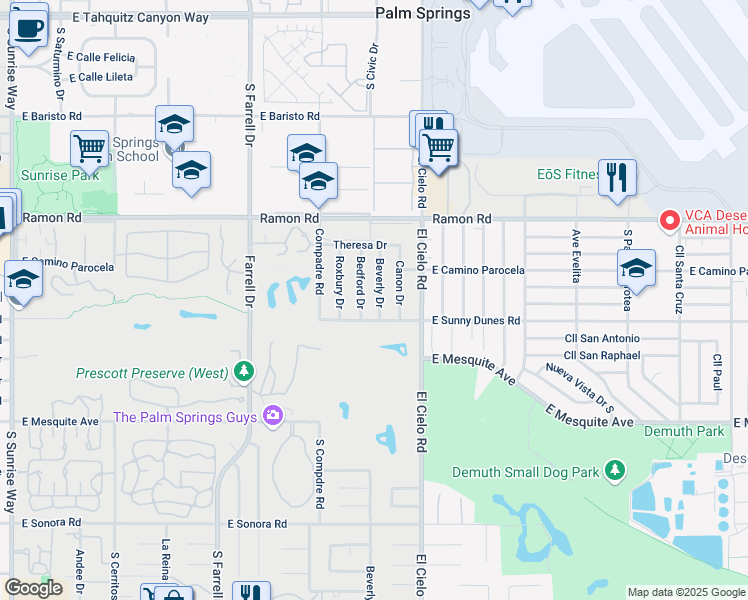 map of restaurants, bars, coffee shops, grocery stores, and more near 663 Beverly Drive in Palm Springs