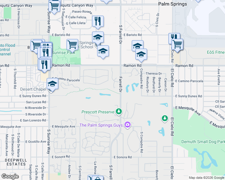 map of restaurants, bars, coffee shops, grocery stores, and more near 505 South Farrell Drive in Palm Springs