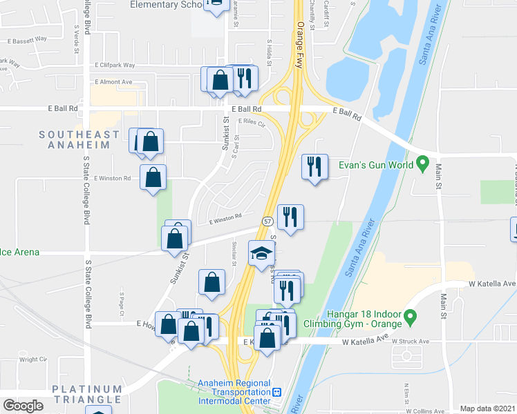 map of restaurants, bars, coffee shops, grocery stores, and more near 1400 South Sunkist Street in Anaheim