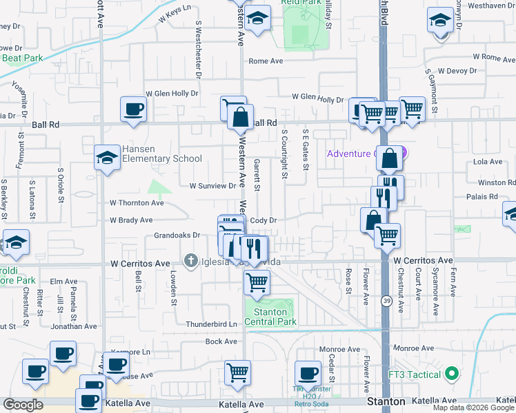 map of restaurants, bars, coffee shops, grocery stores, and more near 10291 Masterson Road in Stanton