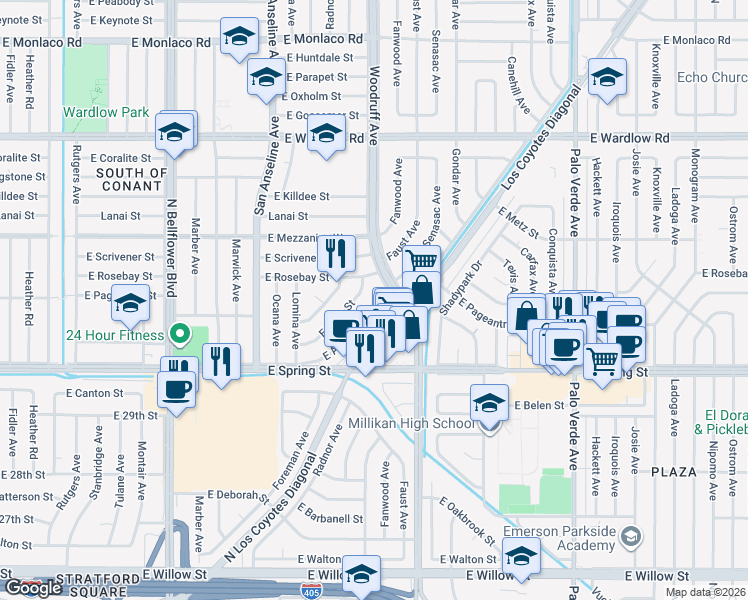 map of restaurants, bars, coffee shops, grocery stores, and more near 5956 East Adderley Drive in Long Beach