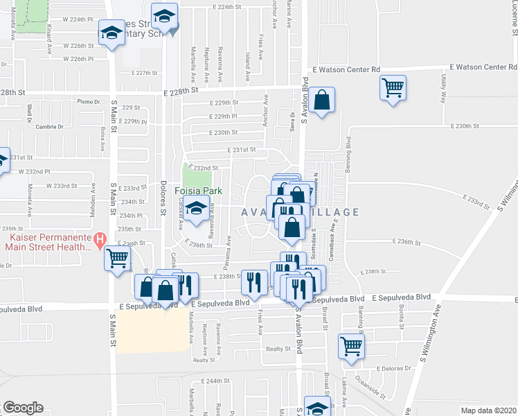 map of restaurants, bars, coffee shops, grocery stores, and more near 23405 Anchor Avenue in Carson