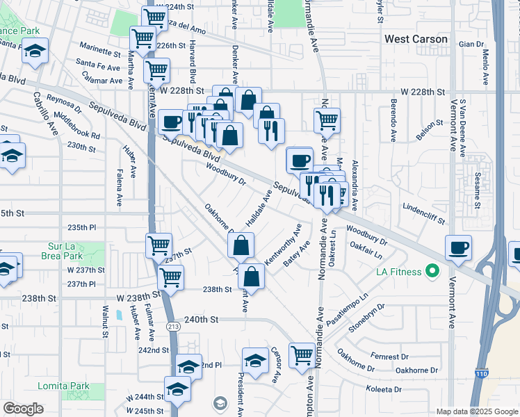 map of restaurants, bars, coffee shops, grocery stores, and more near 1422 Woodbury Drive in Los Angeles