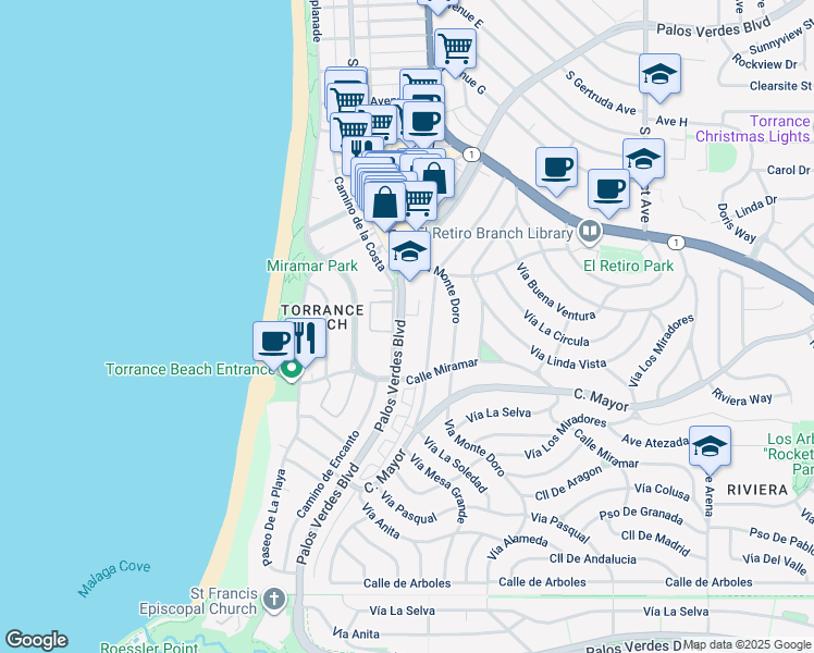 map of restaurants, bars, coffee shops, grocery stores, and more near in Torrance