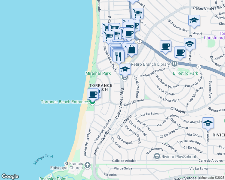 map of restaurants, bars, coffee shops, grocery stores, and more near 343 Camino de la Costa in Redondo Beach