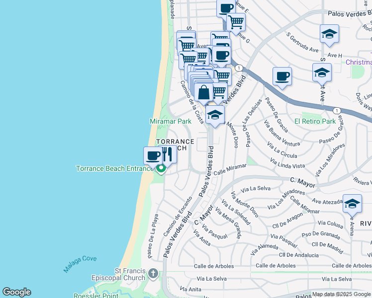 map of restaurants, bars, coffee shops, grocery stores, and more near 142 Paseo De La Concha in Redondo Beach