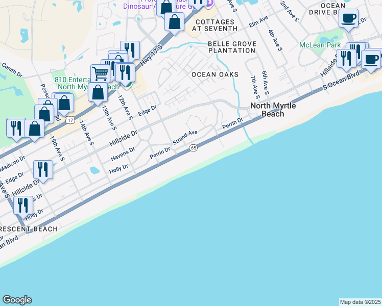 map of restaurants, bars, coffee shops, grocery stores, and more near 402 South Ocean Boulevard in North Myrtle Beach