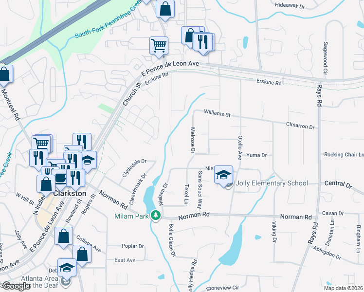 map of restaurants, bars, coffee shops, grocery stores, and more near 1148 Melrose Drive in Clarkston