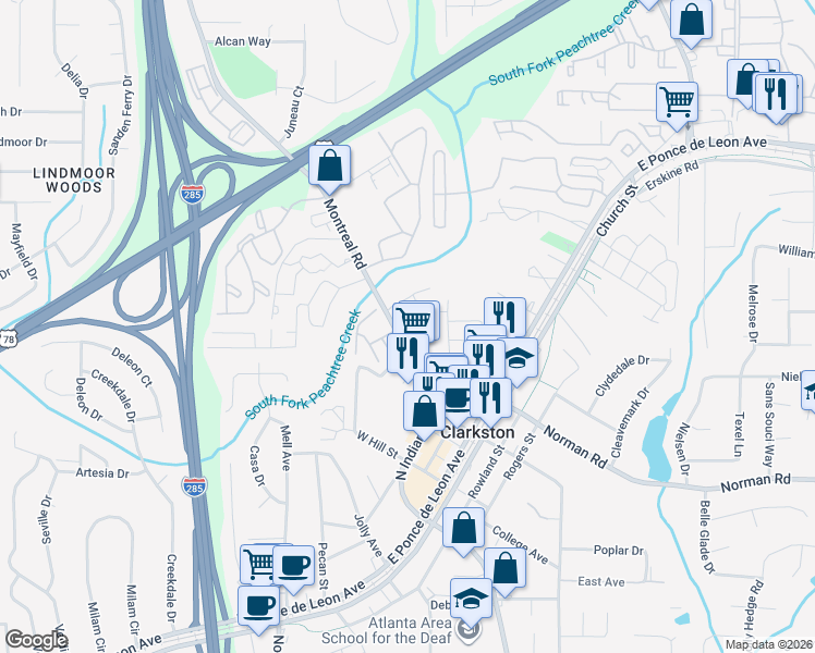 map of restaurants, bars, coffee shops, grocery stores, and more near 953 Montreal Road in Clarkston