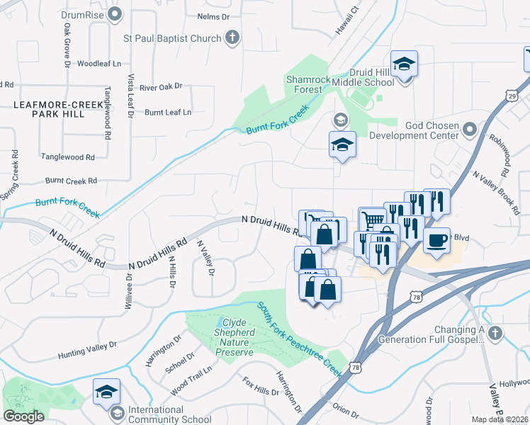 map of restaurants, bars, coffee shops, grocery stores, and more near 3716 North Druid Hills Road in Decatur