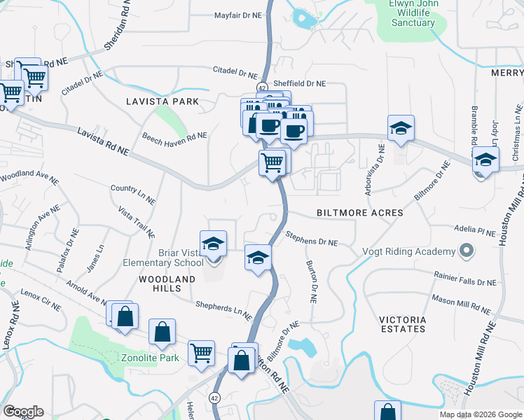 map of restaurants, bars, coffee shops, grocery stores, and more near 1220 Weatherstone Drive Northeast in Atlanta