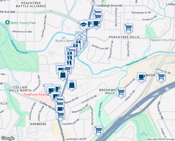 map of restaurants, bars, coffee shops, grocery stores, and more near 2602 Peachtree Park Drive Northeast in Atlanta