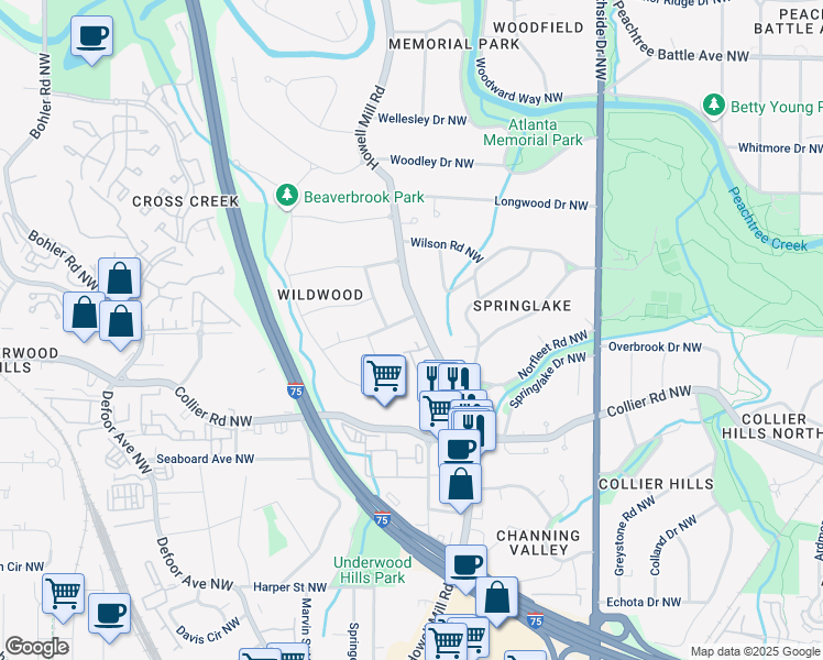 map of restaurants, bars, coffee shops, grocery stores, and more near 858 Kipling Drive Northwest in Atlanta