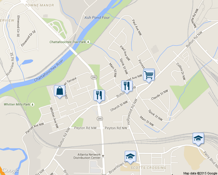 map of restaurants, bars, coffee shops, grocery stores, and more near 2647 Forrest Avenue Northwest in Atlanta