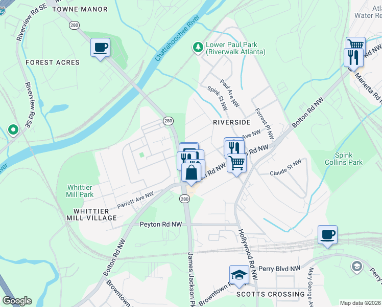 map of restaurants, bars, coffee shops, grocery stores, and more near 2686 Rosemary Street Northwest in Atlanta
