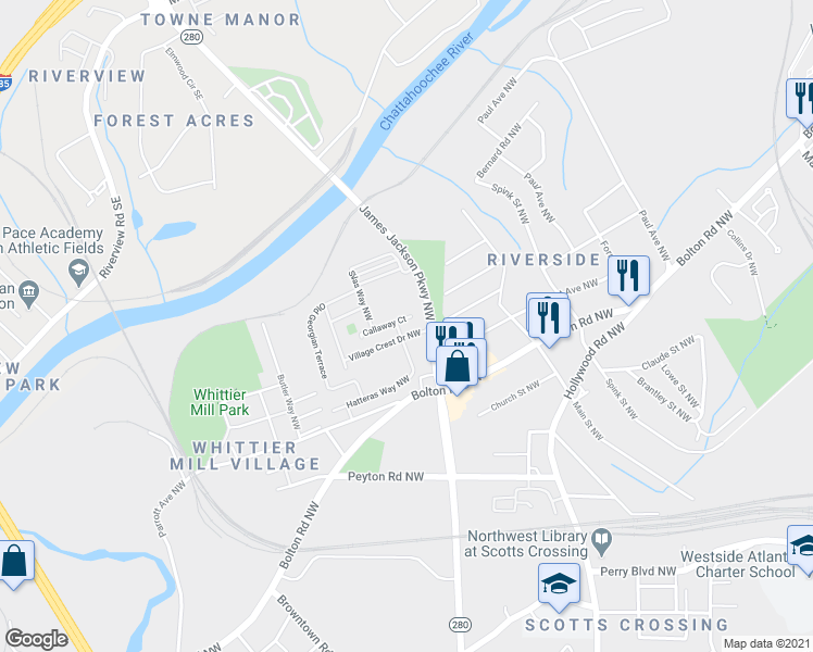 map of restaurants, bars, coffee shops, grocery stores, and more near 2075 Callaway Court in Atlanta