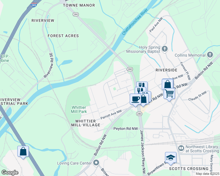 map of restaurants, bars, coffee shops, grocery stores, and more near 2139 Shale Lane Northwest in Atlanta