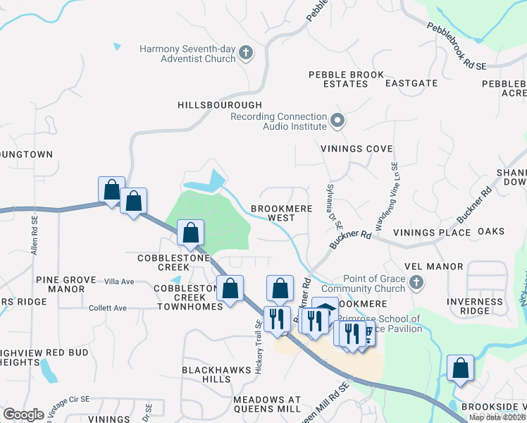map of restaurants, bars, coffee shops, grocery stores, and more near 5802 Buckner Creek Drive Southeast in Mableton