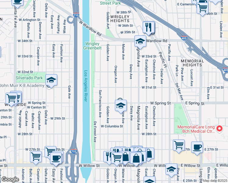 map of restaurants, bars, coffee shops, grocery stores, and more near 3075 Oregon Avenue in Long Beach