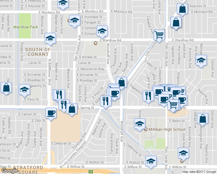 map of restaurants, bars, coffee shops, grocery stores, and more near 5943 East Adderley Drive in Long Beach