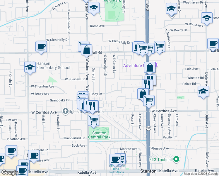 map of restaurants, bars, coffee shops, grocery stores, and more near 10291 Wyatt Road in Stanton