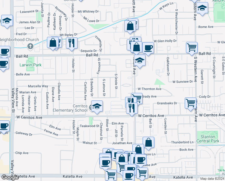 map of restaurants, bars, coffee shops, grocery stores, and more near 1352 South Moonstone Street in Anaheim