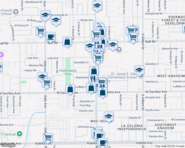 map of restaurants, bars, coffee shops, grocery stores, and more near 2608 West Palais Road in Anaheim